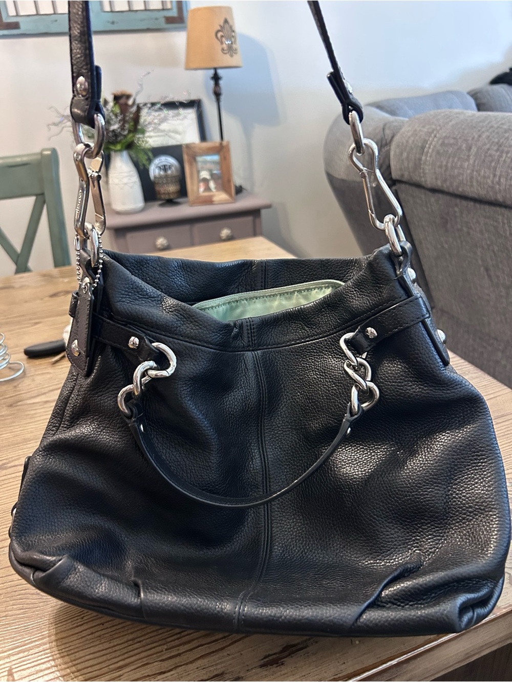 Coach Black Pebble Leather Shoulder Bag with Silver Hardware